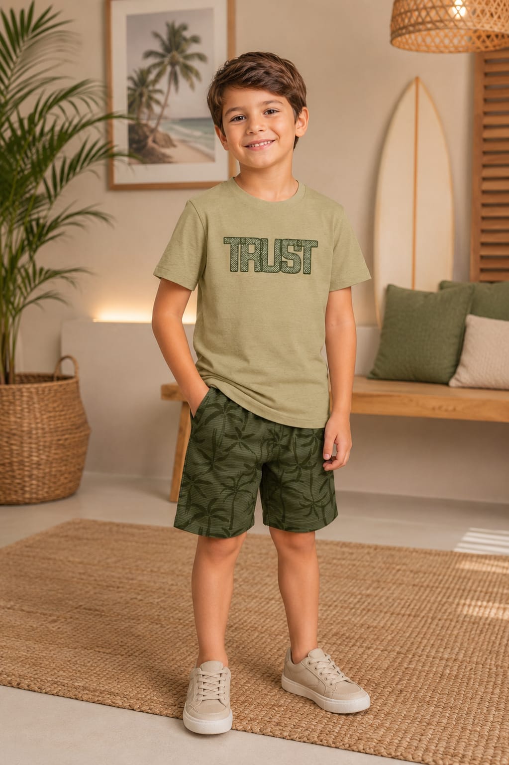 Menino com conjunto Trust estampa de coqueiros
